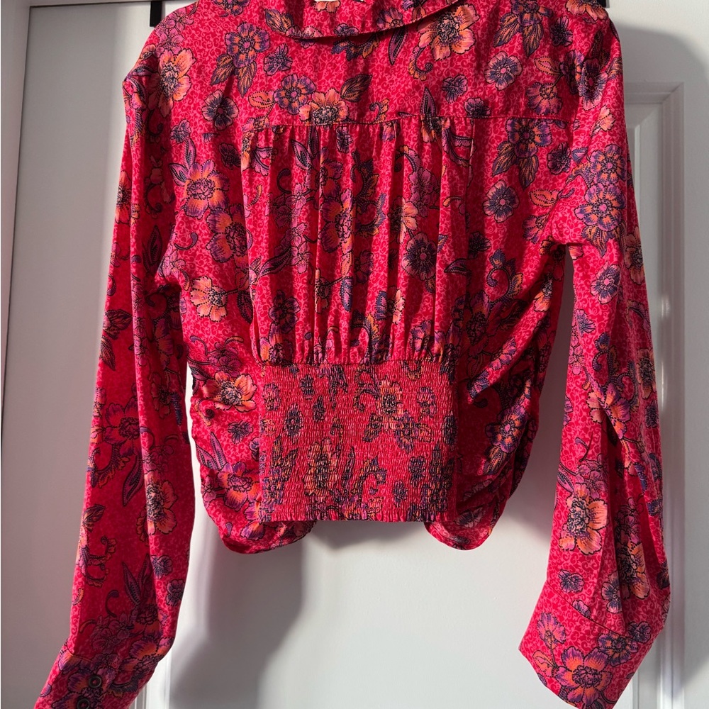 Free People Red Floral Ruched Blouse - Picture 2 of 4